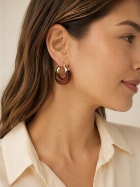 Mayamar Amber Brown Resin 24K Plated Accent Chunky Hoop Earrings